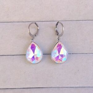White Aurora Borealis + Stainless Steel Pear Crystal Drop Earrings